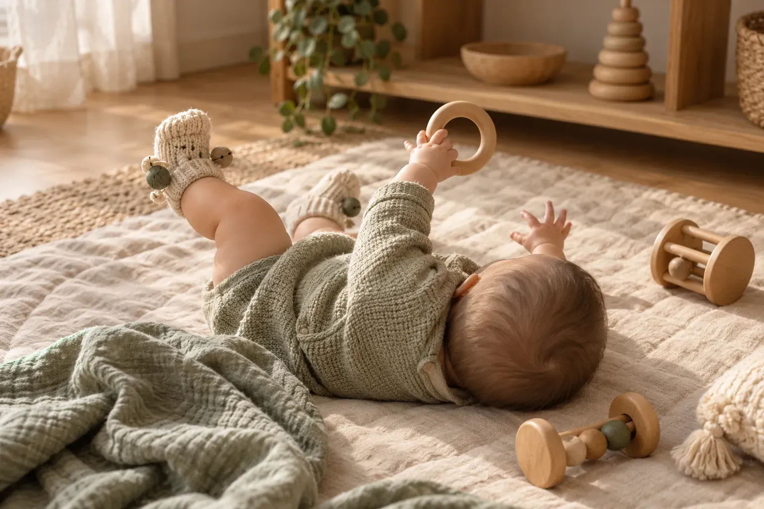 Bébé sur un tapis d'éveil, chaussettes à grelot aux pieds, saisissant un anneau en bois