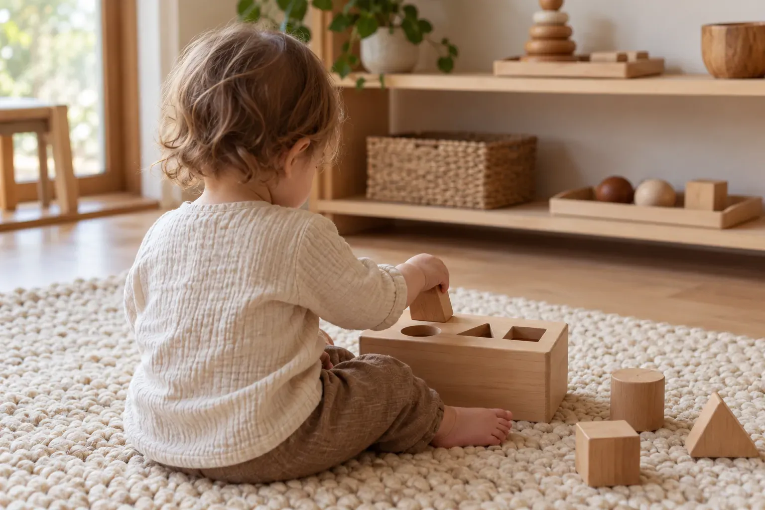 Enfant de 18 mois manipulant un jouet d'encastrement en bois près d'une étagère basse