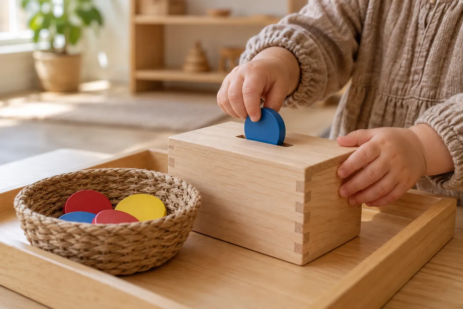 Mains d'un tout-petit glissant un jeton en bois coloré dans une boîte à fente
