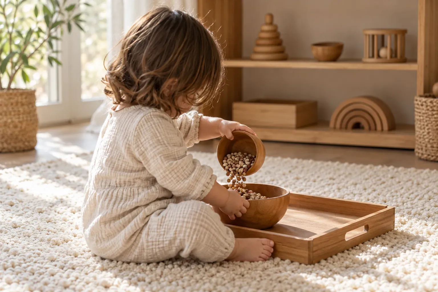 Jeune enfant transvasant des graines entre deux bols en bois devant une étagère basse Montessori