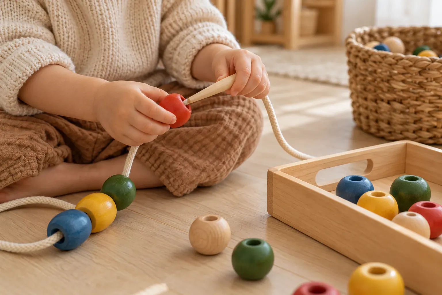 Mains d'un tout-petit enfilant de grosses perles en bois colorées sur un cordon